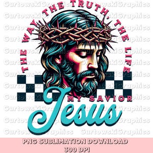 Jesus Retro Christian PNG, Religious Sublimation Designs, Retro Christian png, Jesus crown png, Checkered Pattern retro, Jesus the Way png