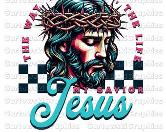 Gesù retrò cristiano PNG, disegni religiosi a sublimazione, png cristiano retrò, corona di Gesù png, motivo a scacchi retrò, Gesù la via png