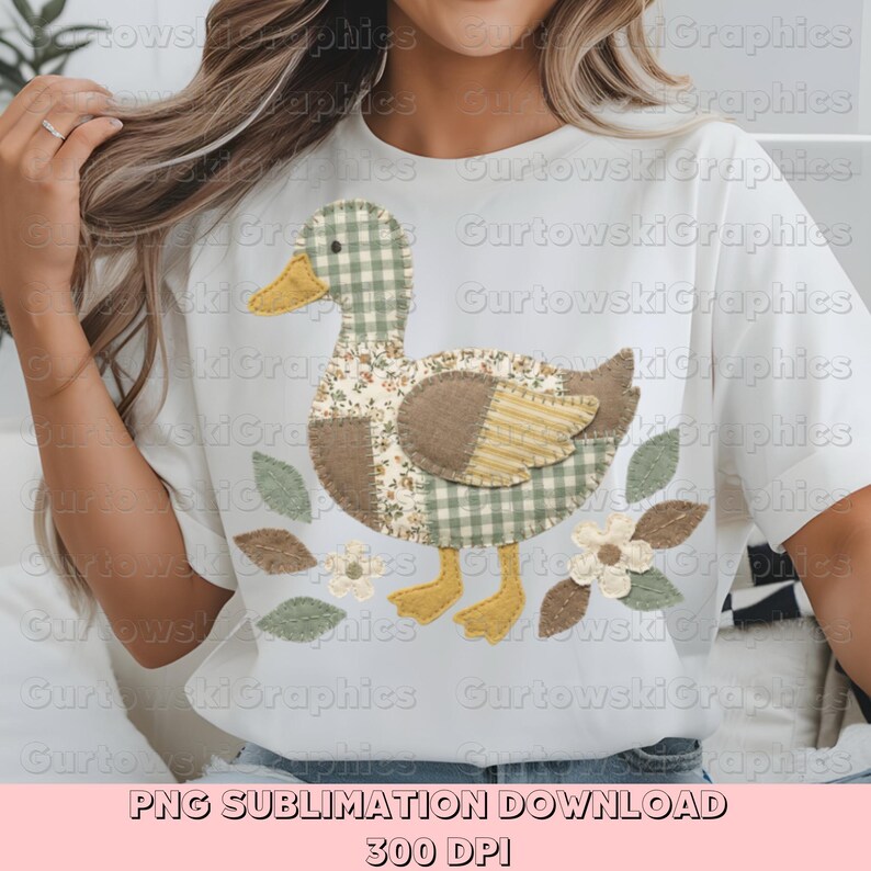 May include: White t-shirt featuring a patchwork duck design with floral, gingham, and striped patterns in shades of green, brown, and yellow. The duck is surrounded by leaves and flowers. The text "PNG SUBLIMATION DOWNLOAD 300 DPI" is at the bottom.
