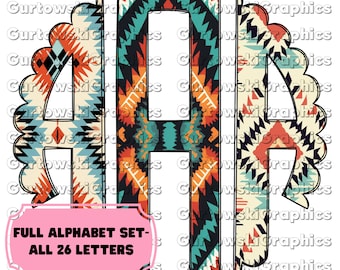 Monograma con estampado azteca, descarga digital de monograma preppy, iniciales festoneadas, vieira azteca, monograma con alfabeto completo, alfabeto con estampado tribal