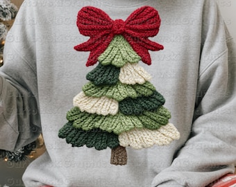 Faux Yarn Color Block Christmas Tree Coquette Bow PNG Sublimation Digital Faux Crochet Christmas Tree Coquette Santa Faux Stitched