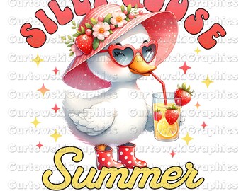 Silly Goose Summer png, Coquette Goose PNG, Girly Goose with Flowers,Strawberry Goose Sublimation, Spring Duck Clipart, Cute Goose Design