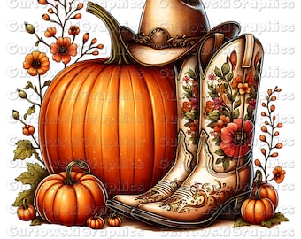 Fall Western Cowgirl Boots Png Girly Fall Design Fall Pumpkin Western Cowgirl Boots Fall Sublimation Fall Season Png Retro Pumpkin Fall Png