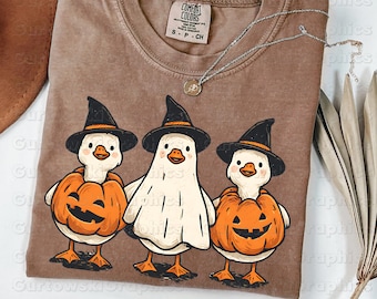 Funny Halloween Geese PNG Cute Goose Sublimation Design Witch Ghost Pumpkin Animal Digital Design Autumn PNG Halloween Goose Shirt design
