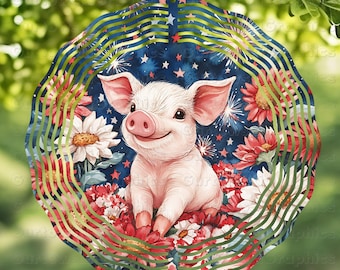 Patriottisch varken wind spinner sublimatie ontwerp, varken boerderij dieren bloemen PNG digitale download, ontwerp schattig varken, afbeelding wind spinner, decor kunst voor thuis