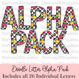 Checkered School Doodle Alpha,Sublimation Alphabet,Checkered doodle letters,Commercial use doodle letters,Alpha Packs PNG files,School Alpha
