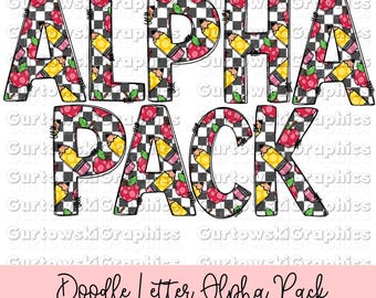 Checkered School Doodle Alpha,Sublimation Alphabet,Checkered doodle letters,Commercial use doodle letters,Alpha Packs PNG files,School Alpha