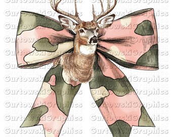 May include: A pink and green camouflage bow with a white deer head in the center. The bow is tied with a large knot and the deer head is facing forward.