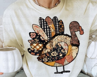 Patchwork Turkey PNG Sublimation Design Rustic Farmhouse Thanksgiving Fall Plaid Floral Download Shirt Preppy Thanksgiving Vintage Turkey