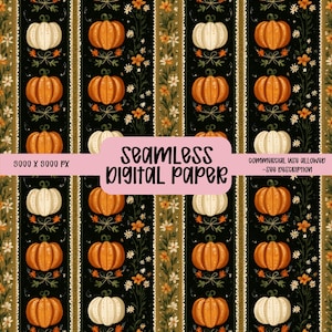 May include: Seamless digital paper with a repeating pattern of pumpkins and flowers. The pumpkins alternate between orange and cream colors, set against a black background with vertical stripes. The text "SEAMLESS DIGITAL PAPER" is displayed.