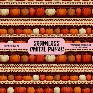 May include: Seamless digital paper with a repeating pattern of pumpkins in various shades of orange, brown, and cream. The pumpkins are interspersed with rows of hearts and a knitted texture. The text "SEAMLESS DIGITAL PAPER" is displayed.