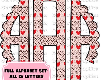 Tan Coquette Heart Valentine Monogram,Valentine Scallop Monogram,Full Alphabet Monogram,Pink Heart Alphabet,Doodle Monogram Digital Download