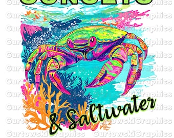 PNG de pôr do sol e água salgada, designs náuticos para sublimação, PNG com estética de pescador, PNG de praia, download digital instantâneo, PNG de caranguejo, caranguejo neon