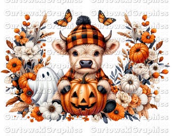 Mignonne vache Highland automne PNG Sublimation, Sublimation d'automne, Thanksgiving png, chemise de vache d'automne png, animal de la ferme halloween png, fantôme d'automne png