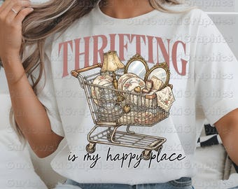 Thrifting it’s my Happy Place png,I’d Rather Be Thrifting PNG,Vintage Thrift Design,Antique Decor & Blue China Graphic,Cottagecore Thrifting