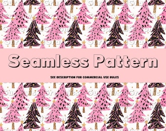 Naadloos patroonbestand roze kerstbomen, naadloos luipaardkerstmis, naadloos preppy kerstmis, naadloos meisjeskerstpatroon