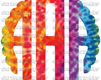 May include: A monogram design with the letters "AH" in a white outline. The letters are filled with a colorful tie-dye pattern in shades of red, orange, yellow, green, blue, and purple.