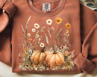 Diseño de sublimación PNG de flores silvestres de calabaza, diseño rústico floral de otoño, descarga digital de otoño, diseño de Acción de Gracias, diseño floral de calabaza de otoño bohemio
