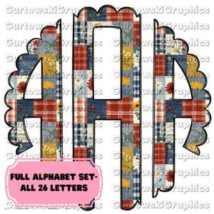 May include: A monogram letter "A" with a patchwork design in red, blue, and yellow floral patterns. The letter is outlined in black and has a scalloped edge. The image includes the text "FULL ALPHABET SET - ALL 26 LETTERS".