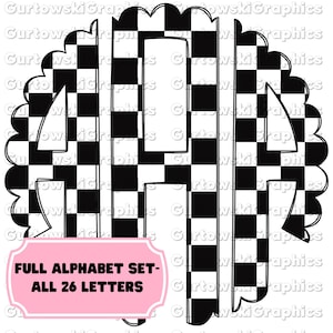 May include: A black and white checkered alphabet set with a scalloped border. The letters are outlined in black and the text "FULL ALPHABET SET - ALL 26 LETTERS" is displayed in a pink rectangle.