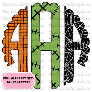 May include: A set of Halloween-themed alphabet letters in orange, green, and black. The letters are decorated with a variety of patterns, including checkered, stitched, and spiderwebs. The letters are outlined in black and have a scalloped edge. The text "FULL ALPHABET SET - ALL 26 LETTERS" is displayed below the letters.