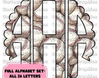 Monograma de béisbol, festón de béisbol, monograma completo del alfabeto, alfabeto de béisbol, descarga digital del monograma Doodle, monograma de mamá beisbolera