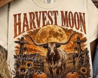 Harvest Moon PNG, Retro Western Longhorn Sublimation Design, Rustic Farmhouse Fall Png, Distressed Punchy Cowgirl Png, Country Autumn Png
