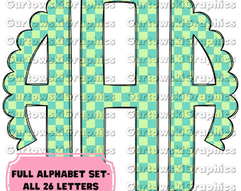 Mint Green Checkered Board Monogram,Checkered Scallop,Full Alphabet Monogram,Spring Checkered Alphabet,Doodle Monogram Digital Download