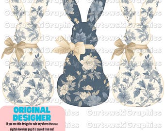 Blue Floral Toile Easter Bunny png,Easter Design,Blue Grand Millennial Easter Png,Blue Floral Chinoiserie Bunny Png,Easter Coquette,ORIGINAL