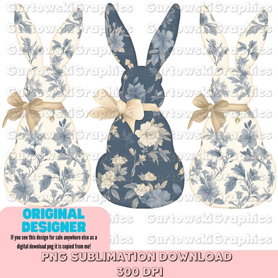 Blue Floral Toile Easter Bunny png,Easter Design,Blue Grand Millennial Easter Png,Blue Floral Chinoiserie Bunny Png,Easter Coquette,ORIGINAL