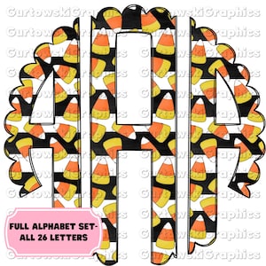 May include: A set of 26 alphabet letters in a black and white striped pattern with a candy corn design. The letters are outlined in black and have a scalloped edge. The text "FULL ALPHABET SET - ALL 26 LETTERS" is at the bottom of the image.