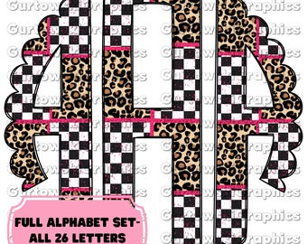 Leopard &Checkered Monogram,Preppy Monogram Digital Download,Scalloped Initials,Leopard Scallop,Full Alphabet Monogram,Girly Preppy Alphabet