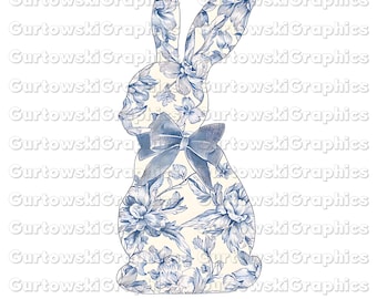 Single Blue Floral Toile Easter Bunny png, Easter Bunny Blue Grand Millennial Easter Png, Blue Floral Chinoiserie Bunny Png, Easter Coquette