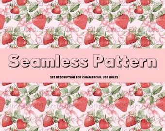 Strawberries & Coquette bows seamless pattern, Valentine's seamless pattern,Valentine digital paper,pastel pink bows png,Repeat Pattern