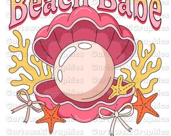 Beach Babe Clam Coquette Png,Summer Vibes Pink Clam Png,Summer Beach Shirt Png,Summer Shirt Design,Retro Summer Design,Summer Clam Bow Png