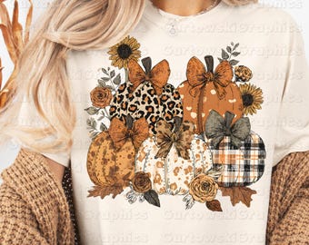 Leopard Pumpkin PNG, Plaid Pumpkin png, Fall Pumpkin with Bow PNG, Autumn Floral Pumpkin png,Boho Farmhouse png Coquette Fall Shirt PNG