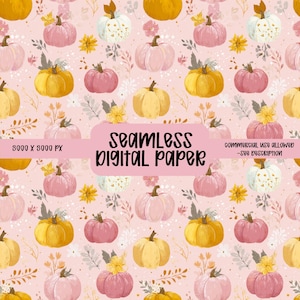 May include: Seamless digital paper with a repeating pattern of pumpkins in shades of pink, yellow, and white, accented with floral and leaf elements. The text "SEAMLESS DIGITAL PAPER" is displayed in black. The background is a light pink.