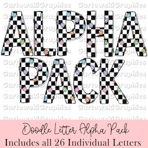 Daisy geruit bord doodle letters, sublimatie alfabet, geruite doodle letters, commercieel gebruik doodle letters, alpha packs png-bestanden