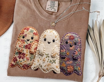 Preppy Faux Embroidery Ghost png, Floral Ghost png, Fall Ghost png, Autumn png, Fall Girly png, Fall Sublimation,Faux Appliqué Halloween png