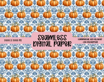 Blue Damask Coquette Fall Pumpkins seamless,Pumpkin seamless pattern,Vintage digital paper,Girly Fall Coquette design,Repeat Pattern