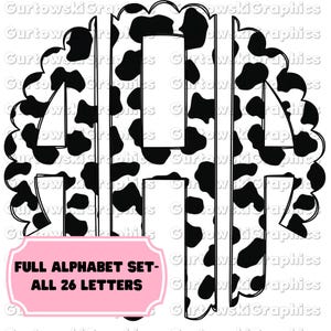 May include: A black and white cow print alphabet set with a pink banner that reads "FULL ALPHABET SET - ALL 26 LETTERS". The letters are outlined in black with a cow print design.