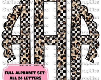 Leopard &Checkered Grunge Monogram,Preppy Monogram Digital Download,Scalloped Initials,Leopard Scallop,Full Alphabet Monogram,Girly Alphabet