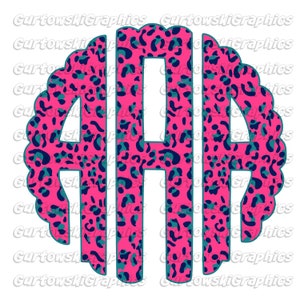 Hot Pink Leopard Monogram Digital Download PNG file, PNG files for Sublimation, Leopard Initials, PNGs for Printing, Scalloped Monogram