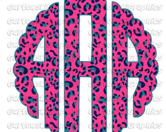 Felroze luipaardmonogram digitale download png-bestand, png-bestanden voor sublimatie, luipaardinitialen, png-bestanden voor afdrukken, geschulpt monogram