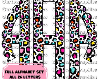 Monograma de leopardo arcoíris neón blanco, descarga digital, monograma doodle, archivos PNG para sublimación, iniciales de leopardo, monograma festoneado