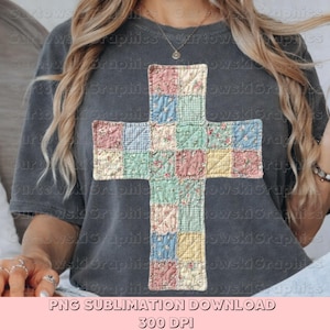 May include: Dark gray t-shirt featuring a patchwork cross design in pastel colors. The cross is made of various fabric squares with floral and gingham patterns. The text "PNG SUBLIMATION DOWNLOAD" and "300 DPI" are at the bottom of the image.