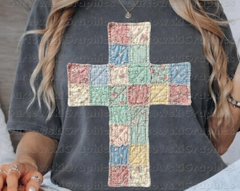 Patchwork Cross PNG, Cottagecore Christian Cross png, Vintage Quilt Cross Design, Shabby Chic Easter Shirt png, Faith Floral Cross