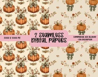 Flores y calabazas otoñales estilo Cottagecore sin costuras, patrón de calabaza sin costuras, papel digital vintage, diseño retro otoñal, patrón repetido