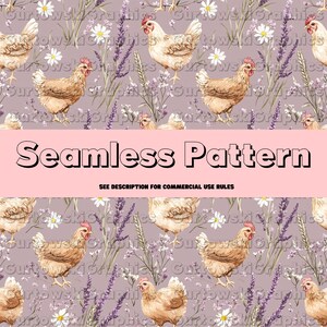 May include: A seamless pattern featuring a repeating design of brown chickens and purple lavender flowers on a light gray background. The text "Seamless Pattern" is displayed in a pink banner.