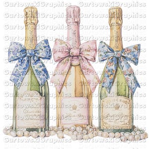 Champagne and Pearls|  Watercolor Champagne Bottles with Coquette Bows | Social Club Watercolor Design | Preppy Design| Grandmillennial PNG